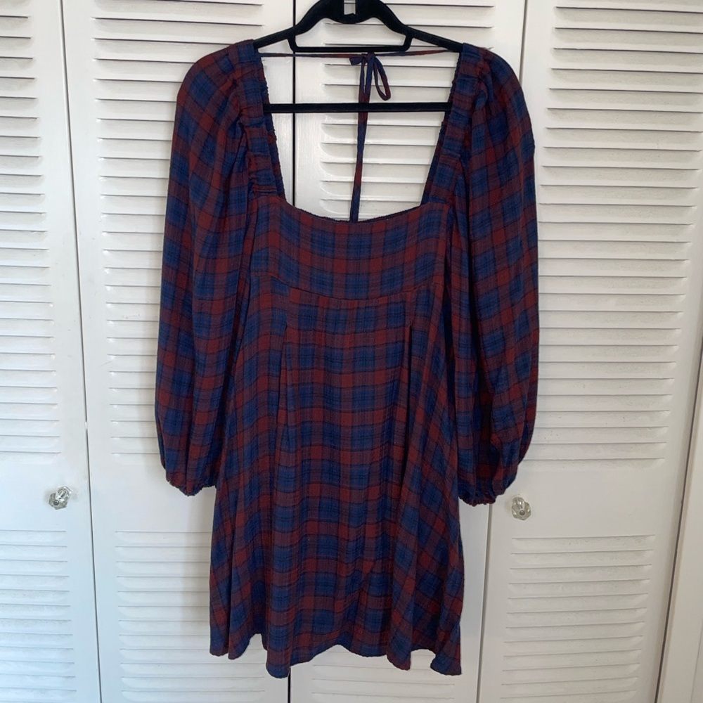 Urban Outfitters Medium Plaid Flannel Babydoll Puff Sleeve Dress Burgundy Navy